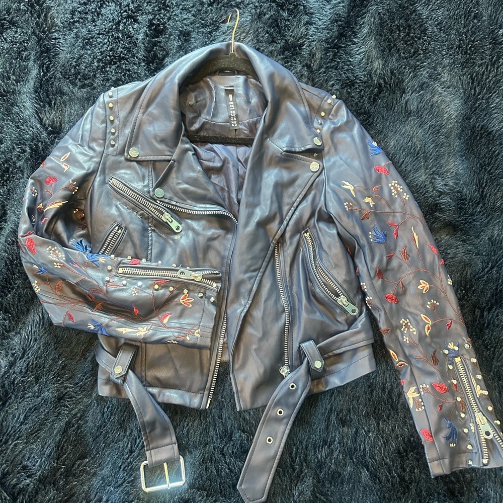 Studded Blue Floral Embroidery Moto Jacket
